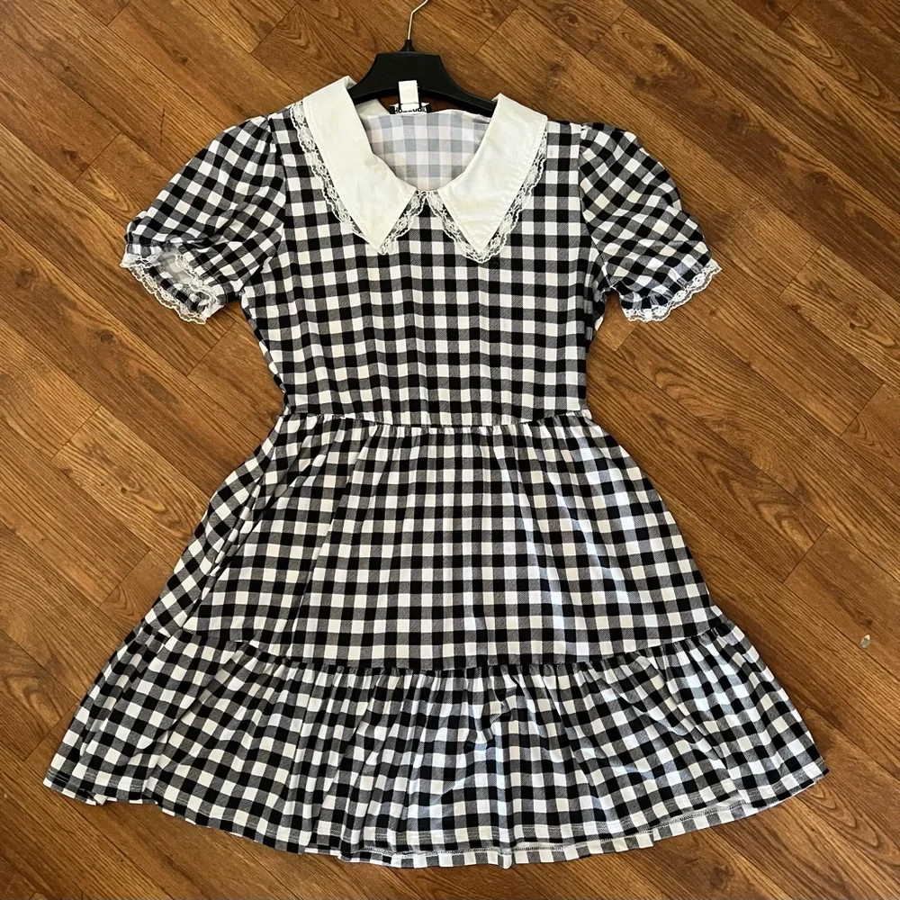 Hot Topic Black & White Buffalo Checkered Tiered Dress Size M - Picture 8 of 12